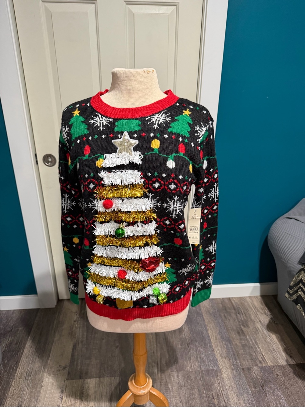 No Boundaries Black Christmas Tree Tinsel Sweater with Red & Green Trim